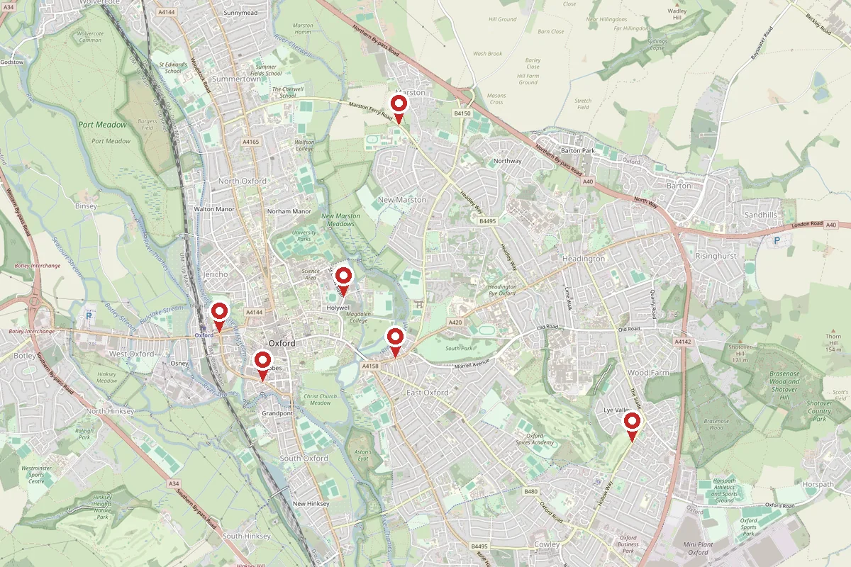 A map of Oxford with six red pins marking the congestion charging
                    locations, spread from Hollow Way in the east to Hythe Bridge Street
                    in the west.
