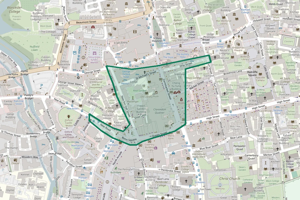 A map of central Oxford with the zero emission zone outlined in
                    green, covering Cornmarket Street, Queen Street and the lanes
                    around them.