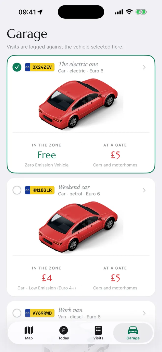 The garage, showing two cars and what each is charged