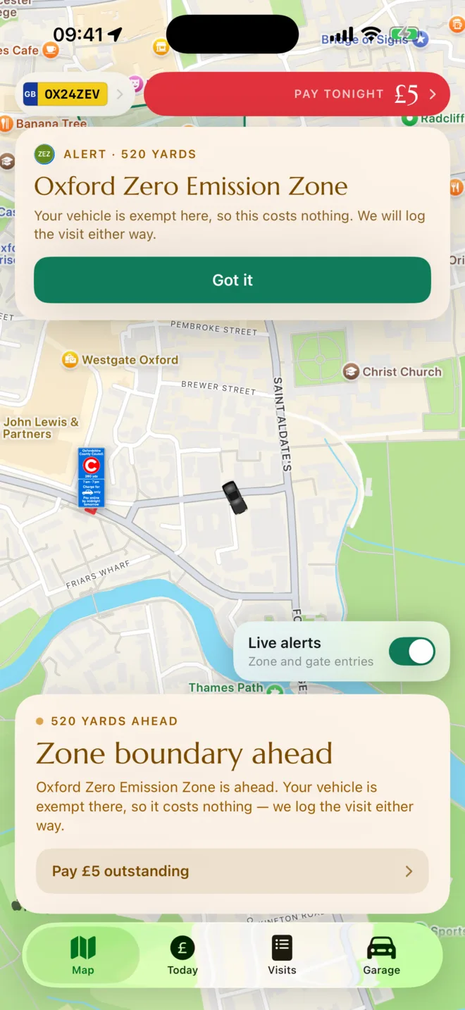 The map, mid-drive, warning about the zone boundary ahead