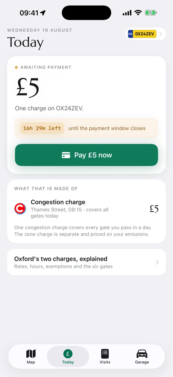 The Today screen, showing one congestion charge due